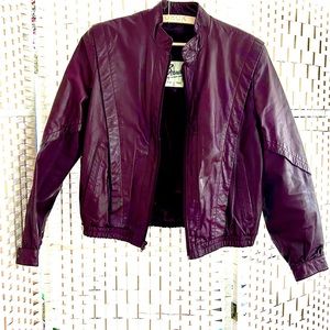 Vintage, oxblood, maroon leather, jacket women, faux fur lining, retro, 80s